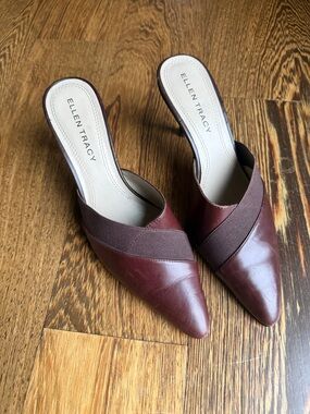 Ellen Tracy Burgundy Pointed Toe Mule with Elastic Cross Band